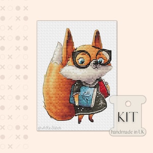 Kit de punto de cruz para estudiante de Smart Fox, tabla PDF, patrón de bordado de animales lindos para guardería o profesor, zorro Kawaii con libros y gafas