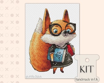 Smart Fox Student Cross Stitch KIT PDF Chart, Cute Animal Embroidery Pattern for Nursery or Teacher, Kawaii Fox with Books and Glasses