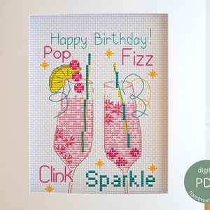 Karta do haftu krzyżykowego Sparkle Birthday w formacie PDF / Wzór do haftu krzyżykowego Champagne na rocznicę ślubu, zaręczyny, specjalną okazję, cyfrowy wykres