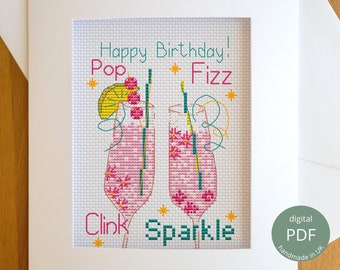 Sparkle Birthday Cross Stitch Card PDF / Champagne Cross Stitch Pattern for Wedding Anniversary Engagement Special Occasion Digital Chart