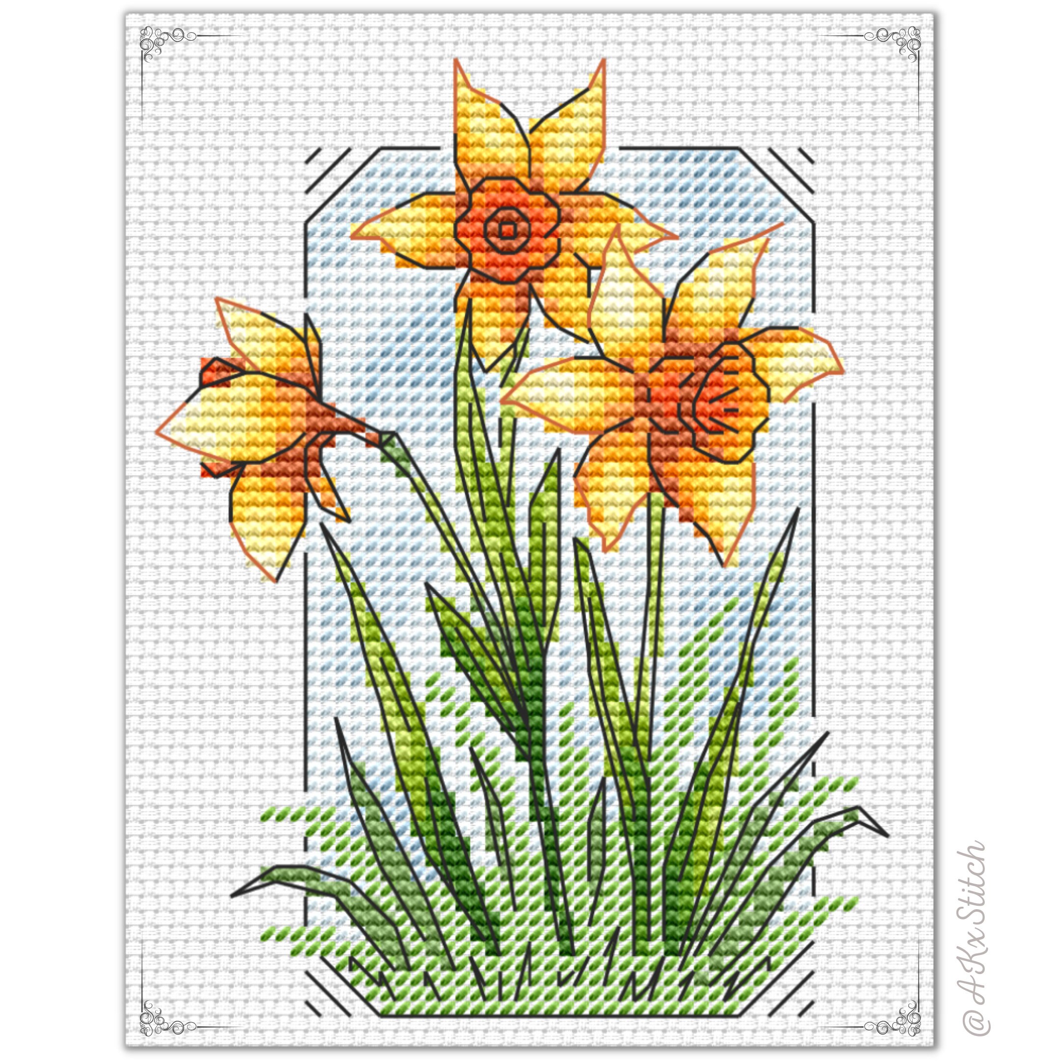 Daffodils Flower Cross Stitch Kit PDF / Cute Card Size