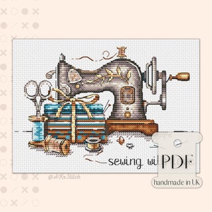 Sewing with Love Cross Stitch Pattern PDF / Cute Craft Room Inspired Embroidery of Vintage Singer Sewing Machine, Fat Quarters & Threads