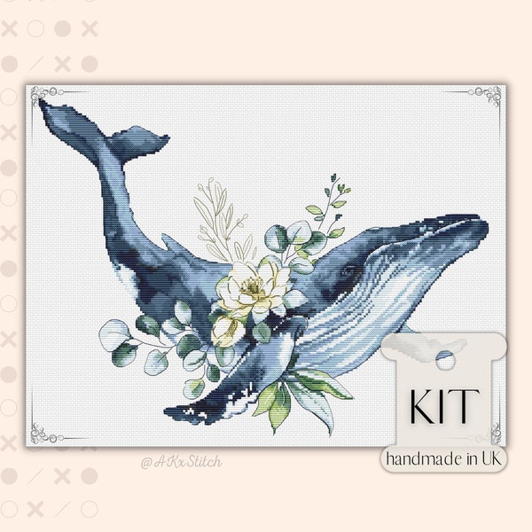 Whale CROSS STITCH KIT, Nautical Sea Ocean Themed Embroidery Pattern and Threads, Large Easy to Follow Counted Needlework Chart for Holiday