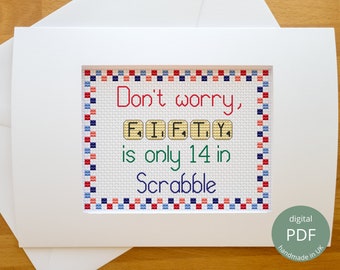 Scrabble Letters Cross Stitch Chart / 50th Birthday Anniversary Card PDF Embroidery Pattern Alphabet, Fun Modern Design, DIY Gift Friends