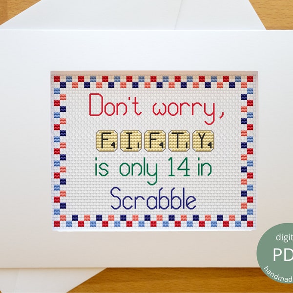 Scrabble Letters Cross Stitch Chart / 50th Birthday Anniversary Card PDF Embroidery Pattern Alphabet, Fun Modern Design, DIY Gift Friends