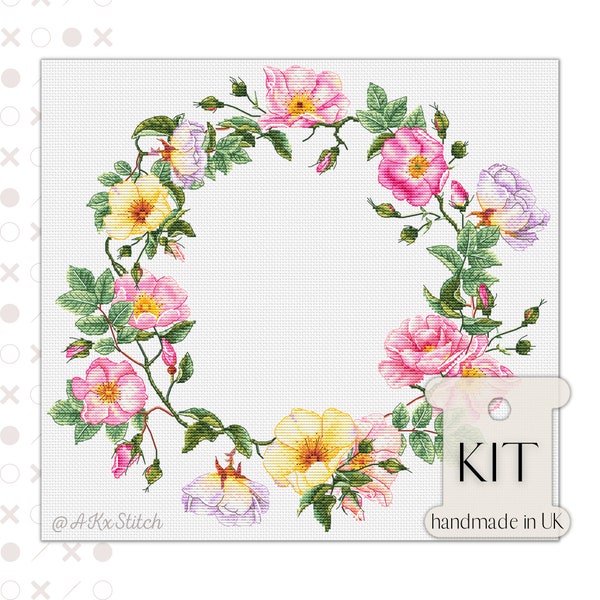Spring Wreath Cross Stitch Kit PDF Chart, Delicate Peony Rose Flower Chart, Summer Wildflower Ring, Embroidery Pattern of Floral Loop Circle
