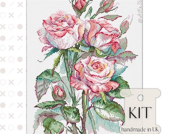 Watercolour Roses Cross Stitch Kit PDF Chart, Delicate Flower Xstitch Chart, Watercolor Style Floral Embroidery Pattern, Elegant Aquarelle
