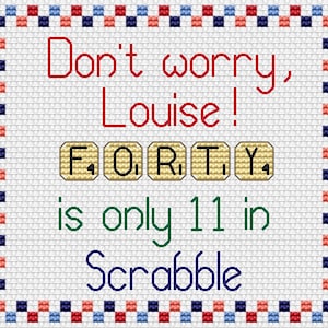 K&ouml;nnte beinhalten: Ein wei&szlig;er Hintergrund mit einem rot-wei&szlig;-blauen karierten Rand. Der Text "Don't worry, Louise!" ist in rot. Der Text "F. O. R. T. Ya is only 11 in Scrabble" ist in gr&uuml;n und schwarz.