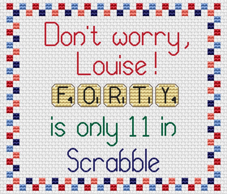 K&ouml;nnte beinhalten: Ein wei&szlig;er Hintergrund mit einem rot-wei&szlig;-blauen karierten Rand. Der Text "Don't worry, Louise!" ist in rot. Der Text "F. O. R. T. Ya is only 11 in Scrabble" ist in gr&uuml;n und schwarz.