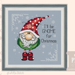 Modèle de point de croix nain de Noël PDF, tableau de broderie de décoration de Noël Je serai à la maison pour Noël. Idée de carte de voeux de jeu de mots festif pour famille