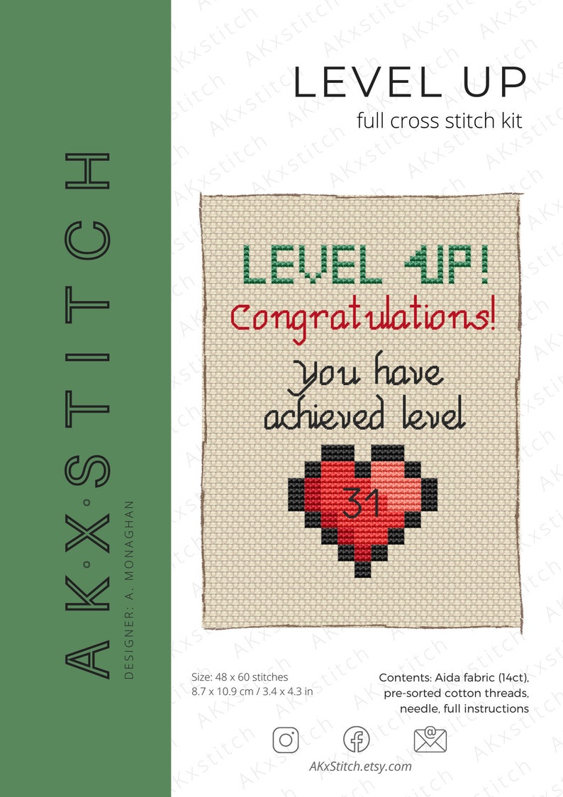 May include: A cross stitch pattern for a card that says "Level Up! Congratulations! You have achieved level 31." The card features a pixelated heart with the number 31 inside. The pattern is 48 stitches wide by 60 stitches high, or 8.7 cm by 10.9 cm.