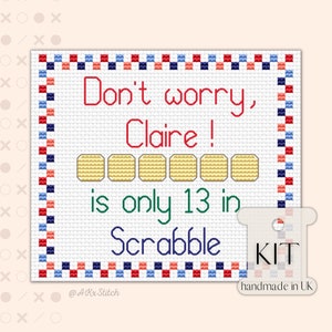 Kit punto croce Scrabble / Set ricamo personalizzato per anniversario di qualsiasi età, tessere dell'alfabeto, idea kit completo per biglietti di compleanno