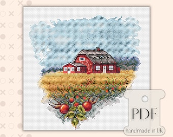 Field Cottage Cross Stitch PDF Digital Chart, Watercolour Style Summer Barn Embroidery Pattern, DMC Threads & Aida, Modern Country Landscape