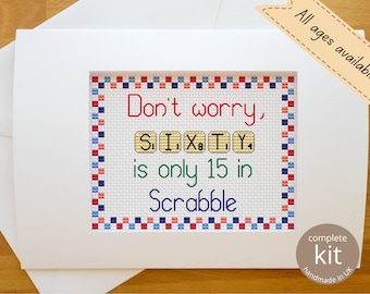 Fun Scrabble Letters Birthday Card Cross Stitch Kit / DIY Anniversary Handmade Present Aperture Card, Gift for Board Game Lover, Any Age Kit