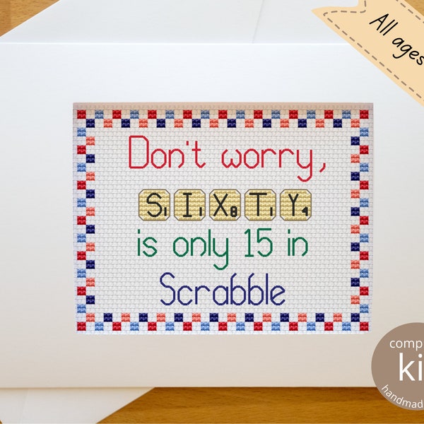 Fun Scrabble Letters Birthday Card Cross Stitch Kit / DIY Anniversary Handmade Present Aperture Card, Gift for Board Game Lover, Any Age Kit