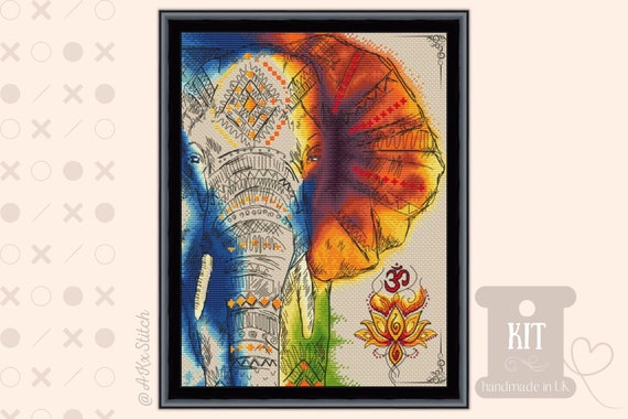 Om Elephant Cross Stitch Kit PDF / Colourful Embroidery Pattern & Supplies,  Mandala Watercolour Sketch Style Art of Indian God Aum Symbol 