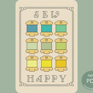 Sew Happy Cross Stitch Chart PDF / Embroidery Pattern for Sewers and Crafters, Colour Palette Inspiration, Personalisable Bright Unique Idea