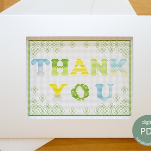 Obrigado cartão de ponto cruz/padrão de bordado PDF, design rápido e fácil, lindas cores pastel de primavera para mostrar gratidão e apreço