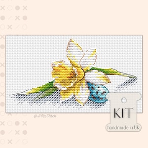 KIT de fleurs printanières jonquilles, grille PDF, broderie florale jaune avec oeuf de Pâques, grille facile à suivre, fil DMC et aida