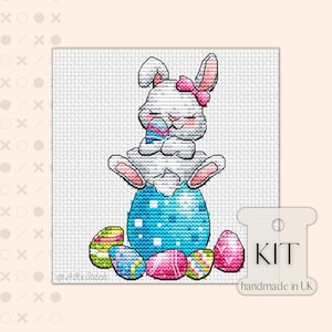 Kit de ponto cruz de ovos de chocolate para coelhinha da Páscoa, gráfico em PDF, padrão de bordado colorido para cartão de primavera, gráfico fácil de coelho bebê fofo