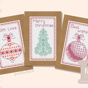 Christmas Greetings Cards Cross Stitch Kit Set / Cute Xmas Blackwork Embroidery Pattern 3 Designs, Multipack with Card Blanks and Envelopes