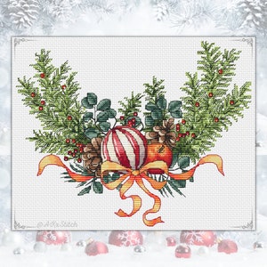Christmas Wreath Cross Stitch Kit PDF / Embroidery Pattern and DMC Supplies for Winter Hygge Style Chart, holiday baubles pine cones tree