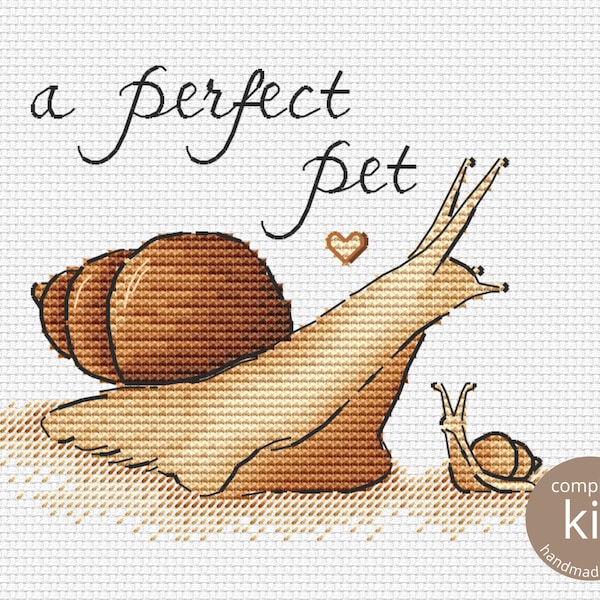 Snail Cross Stitch Kit, Counted Embroidery Pattern of Pet Snail Family, Easy Fun Pattern for Beginners, Giant Snail Lover Gift Idea Wall Art