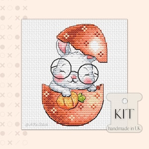 Lapin de Pâques, carotte, oeuf en chocolat, KIT de point de croix, tableau PDF, motif de broderie printanier coloré au format carte, tableau facile, joli bébé lapin