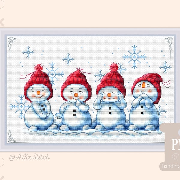 Little Snowmen Christmas Cross Stitch Pattern PDF / Cute Embroidery of Snowman in Red Hats, Winter Festive Design Chart Needlework Xstitch