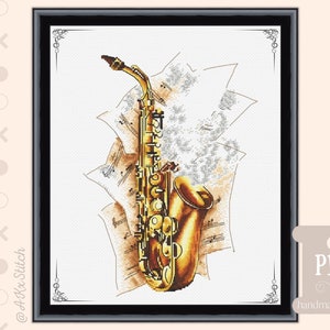 May include: A gold saxophone with musical notes in the background. The saxophone is a popular instrument used in jazz and other genres of music.
