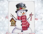 Christmas Snowman Cross Stitch Kit PDF, DIY Xmas Decor Embroidery Pattern of Cute Festive Robin Birdhouse Mistletoe Wreath Design Snowflake