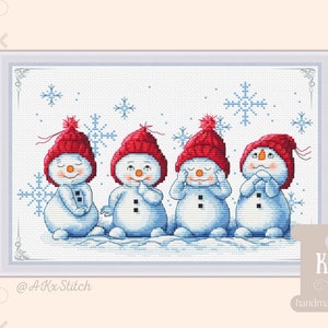 Kit punto croce piccolo pupazzo di neve / Simpatico schema di ricamo natalizio di pupazzi di neve con cappelli rossi, schema di disegno festivo invernale ricamo Xstitch