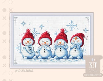 Little Snowman Cross Stitch Kit / Cute Christmas Embroidery Pattern of Snowmen in Red Hats, Winter Festive Design Chart Needlework Xstitch