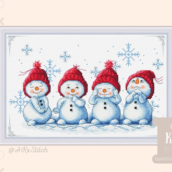 Little Snowman Cross Stitch Kit / Cute Christmas Embroidery Pattern of Snowmen in Red Hats, Winter Festive Design Chart Needlework Xstitch