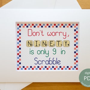 スクラブル文字クロスステッチチャート / 90歳の誕生日記念カードPDF刺繍パターンアルファベット、楽しいモダンデザイン、DIYギフト友達