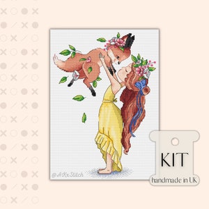 Girl Fox Nursery Cross Stitch KIT PDF Chart, Magic Forest Animal Spring Floral Embroidery Pattern for Children Wall Art, Easy to Follow DMC