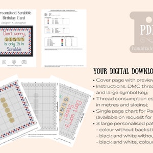 K&ouml;nnte beinhalten: Ein digitaler Download f&uuml;r ein Kreuzstichmuster einer personalisierten Scrabble-Geburtstagskarte. Die Karte lautet "Keine Sorge, SIXTY ist nur 15 im Scrabble". Der Download beinhaltet eine Titelseite, Anweisungen, DMC-Garnnummern, einen Symbolschl&uuml;ssel, Garnverbrauchssch&auml;tzungen, eine einseitige Tabelle f&uuml;r Pattern Keeper und drei gro&szlig;e personalisierte Muster: Farbe ohne R&uuml;ckw&auml;rtsnaht, Schwarzwei&szlig; ohne R&uuml;ckw&auml;rtsnaht und Schwarzwei&szlig; mit Farbr&uuml;ckw&auml;rtsnaht.