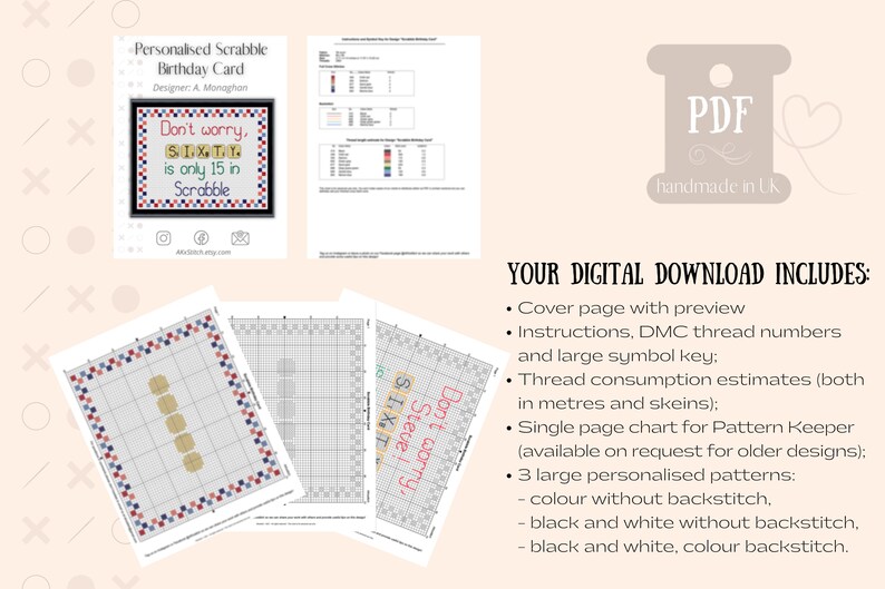 K&ouml;nnte beinhalten: Ein digitaler Download f&uuml;r ein Kreuzstichmuster einer personalisierten Scrabble-Geburtstagskarte. Die Karte lautet "Keine Sorge, SIXTY ist nur 15 im Scrabble". Der Download beinhaltet eine Titelseite, Anweisungen, DMC-Garnnummern, einen Symbolschl&uuml;ssel, Garnverbrauchssch&auml;tzungen, eine einseitige Tabelle f&uuml;r Pattern Keeper und drei gro&szlig;e personalisierte Muster: Farbe ohne R&uuml;ckw&auml;rtsnaht, Schwarzwei&szlig; ohne R&uuml;ckw&auml;rtsnaht und Schwarzwei&szlig; mit Farbr&uuml;ckw&auml;rtsnaht.