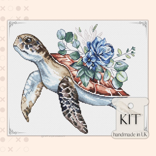 Sea Turtle CROSS STITCH kit, Nautical Ocean Style Embroidery Pattern & DMC Threads of Tortoise, Large Easy Follow Needlework Chart Xstitch