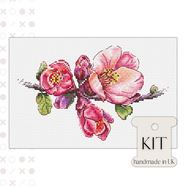 Apple Blossom Cross Stitch Kit PDF Chart, Spring Pink Colourful Handmade Embroidery Chart Flowering Quince Chaenomele, DIY Xstitch Gift Idea