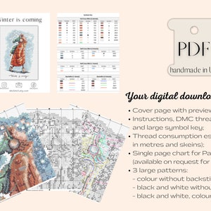 Peut inclure: Un mod&egrave;le de point de croix num&eacute;rique pour une sc&egrave;ne d'hiver avec une femme marchant dans la neige. Le mod&egrave;le comprend une page de couverture avec un aper&ccedil;u du motif, des instructions, des num&eacute;ros de fils DMC, une cl&eacute; de symboles, des estimations de consommation de fils et un tableau d'une seule page pour Pattern Keeper. Le mod&egrave;le est disponible en trois tailles&nbsp;: couleur sans point arri&egrave;re, noir et blanc sans point arri&egrave;re et noir et blanc avec point arri&egrave;re couleur.