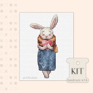 Kit de punto de cruz con diseño de conejito en PDF, patrón de bordado de conejita con corazón rojo para guardería, kit de tarjeta con mensaje "Mejórate y piensa en ti"