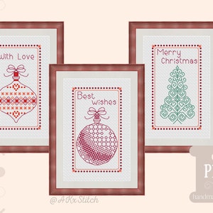 Christmas Card Cross Stitch Pattern Bundle PDF, Set of 3 Xmas Greeting Cards, Christmas Tree Bauble Charts With Love Best Wishes Seasonal