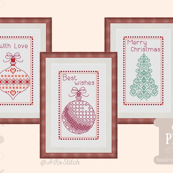 Christmas Card Cross Stitch Pattern Bundle PDF, Set of 3 Xmas Greeting Cards, Christmas Tree Bauble Charts With Love Best Wishes Seasonal