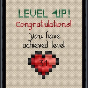 May include: A cross-stitch pattern with the text "LEVEL UP! Congratulations! You have achieved level 31" and a red pixelated heart with the number 31 inside.