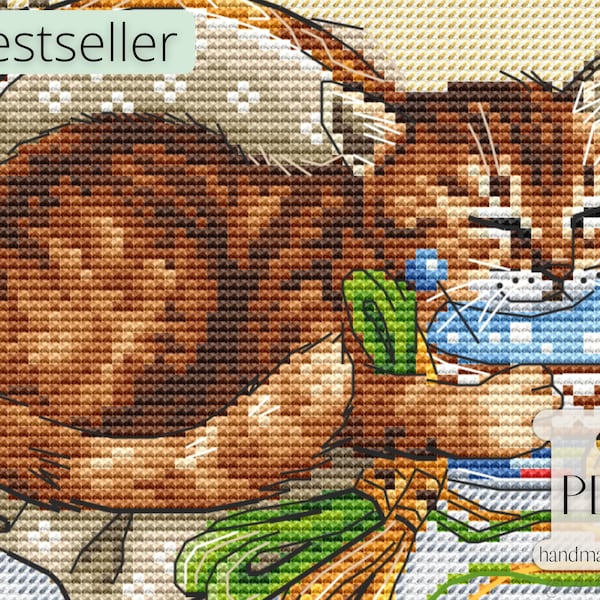 Cat CROSS STITCH PDF Pattern My Stitching Assistant, Craft Sewing Room Themed Embroidery Chart of Cute Kitten Snuggled Up with Yarn
