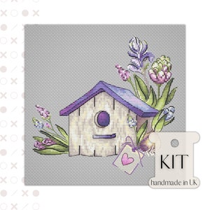 Birdhouse Cross Stitch Kit PDF Grafiek, Leuke gemakkelijk te volgen lente hyacint borduurpatroon en benodigdheden, handgemaakte gift tuinliefhebber