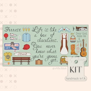 May include: Cross stitch pattern kit featuring a quote from the movie Forrest Gump: "Life is like a box of chocolates. You never know what you're gonna get." The kit includes a variety of colorful images from the movie, including Forrest Gump, Jenny, and Bubba Gump Shrimp Co.
