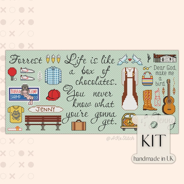 Forrest Gump Sampler Cross Stitch Kit / Colourful Fun Easy Embroidery Pattern & Thread, Life is Like a Box of Chocolates Quote Handmade Gift