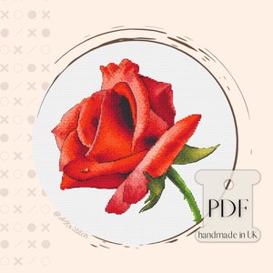 Puede incluir: Una rosa roja con hojas verdes en un círculo sobre un fondo blanco. El texto "PDF handmade in UK" está en la esquina inferior derecha.